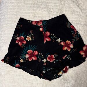Lush Black High-Waist Floral Ruffle Shorts with Red & Green Print